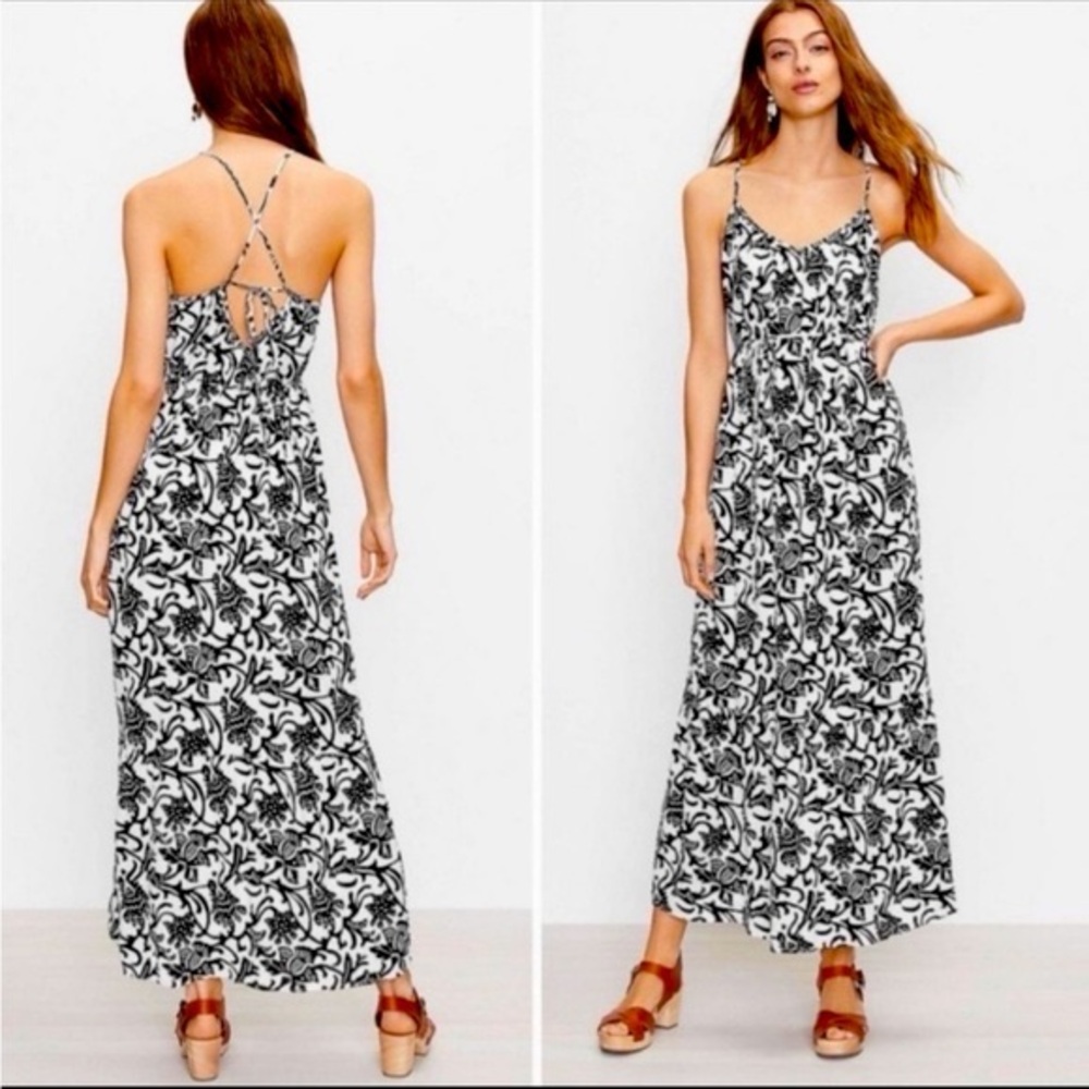 LOFT Black and White Floral Maxi Dress with Crisscross Back
